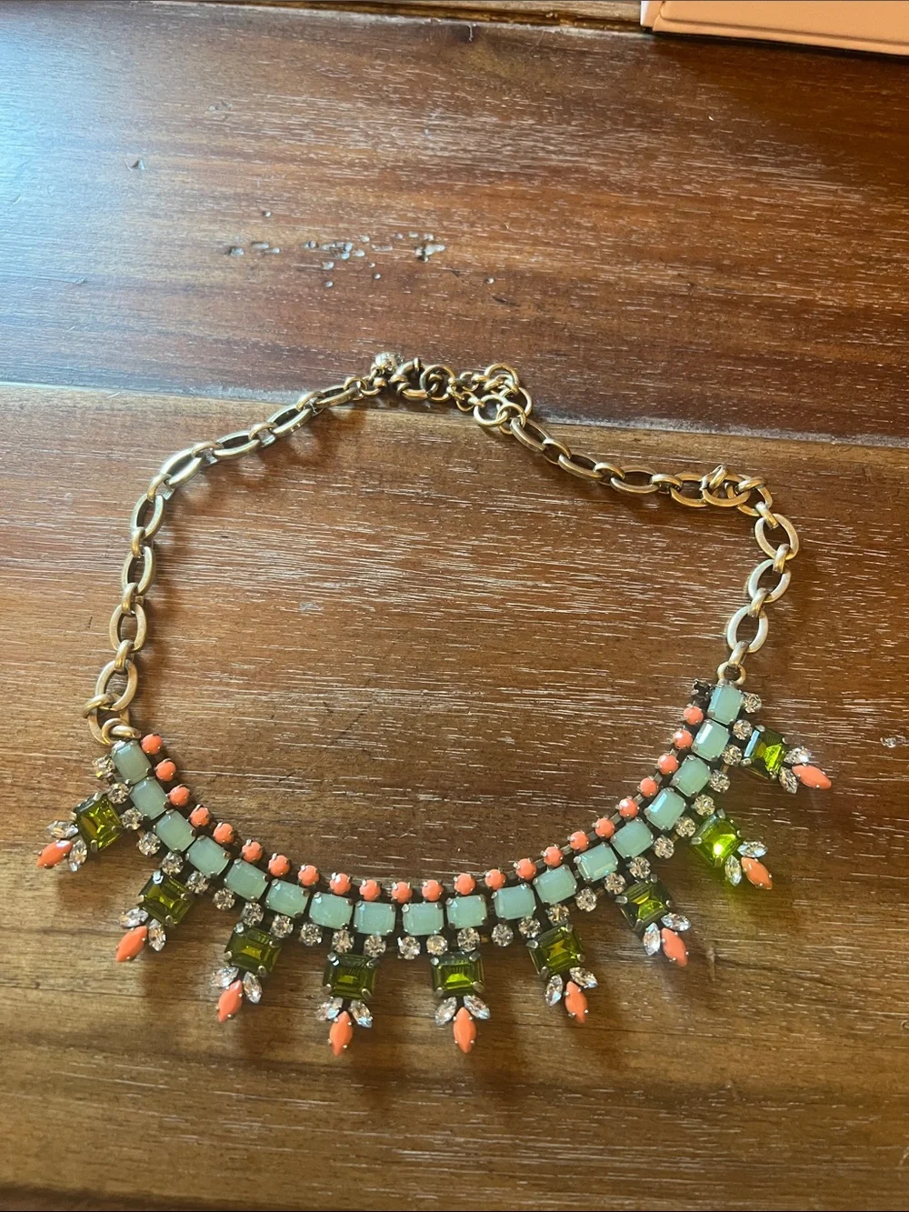 J. Crew Gold-Tone Necklace with Mint, Coral and Olive Crystal Accents